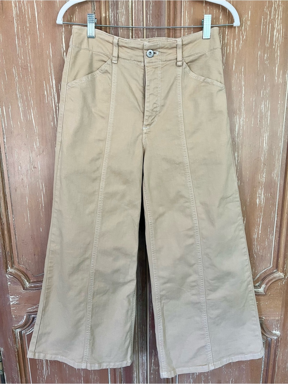 Anthropologie Maeve Delaney Crop Clean-Seamed High-Rise Wide Leg Beige Size 27 - Picture 2 of 8